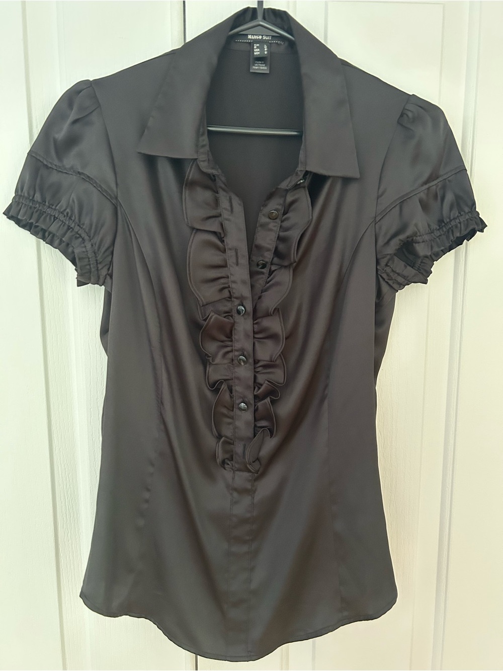 Mango Black Satin Ruffle-Front Short Sleeve Blouse